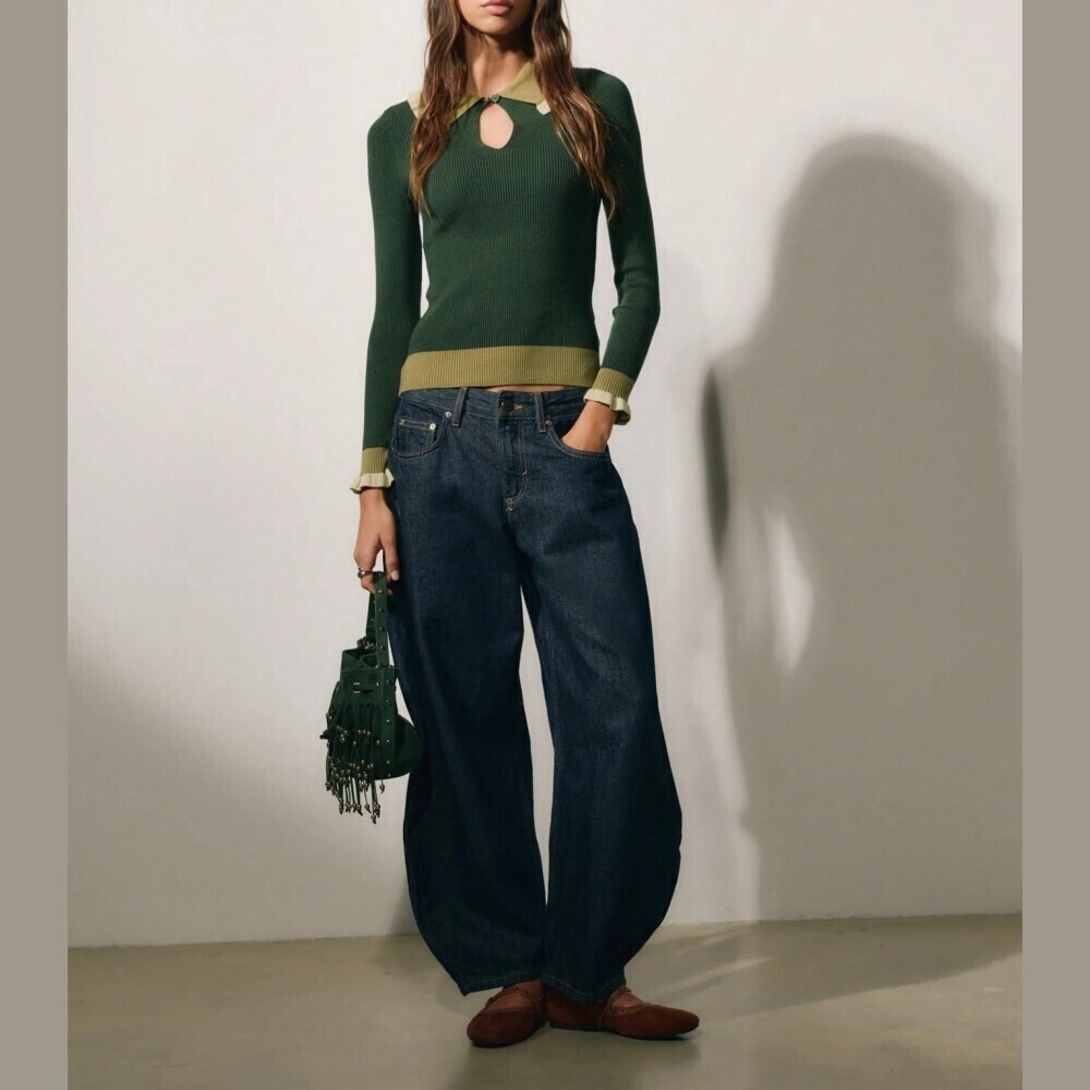 Kelley / Olive Green Ribbed Knit Colorblock Ruffle Collar Keyhole Slim Top - Picture 6 of 7